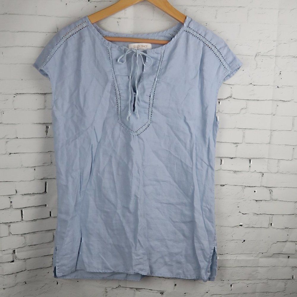 ELLEN TRACY LIGHT BLUE SLEEVELESS ROUND NECK LINEN TOP SIZE SMALL